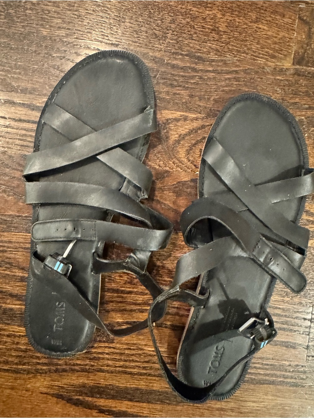 TOMS Black Strappy Leather Buckle Sandals
